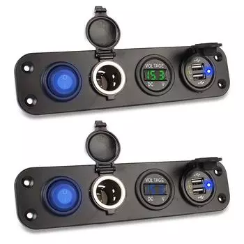 Двойное зарядное устройство USB Адаптер питания Цифровой вольтметр Панель розеток Гнездо прикуривателя Автомобильное зарядное устройство QC 3.0 синий