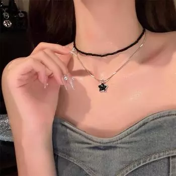 Двойное Звездное Ожерелье Двойное Черное Ожерелье-Чокер С Пентаграммой