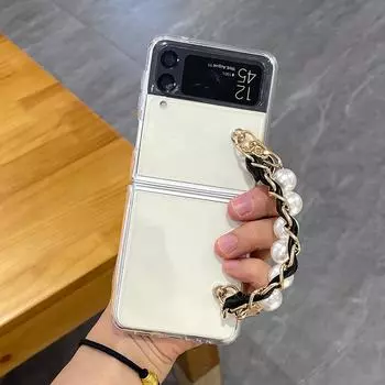 Двойной чехол-браслет с жемчугом и кожаной веревкой для Samsung Galaxy Z Flip 3 4, прозрачный противоударный защитный чехол для ПК For Samsung Z Flip