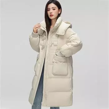 Двойной чехол длинный пуховик выше колена женский зимняя новая куртка высокого класса темперамент теплая куртка 2024 года S size 90-60kg