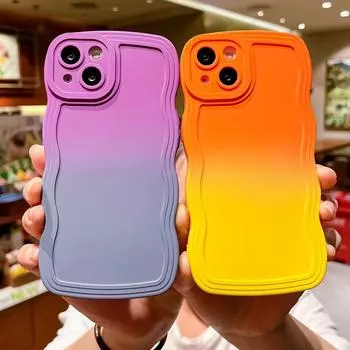 Двойной цветной градиентный чехол для телефона с волнистой каймой для iPhone 14 13 12 Pro Max 11 Samsung S24 S23 S22 Ultra S21 FE противоударный мягкий чехол iPhone 13 зелёный/синий