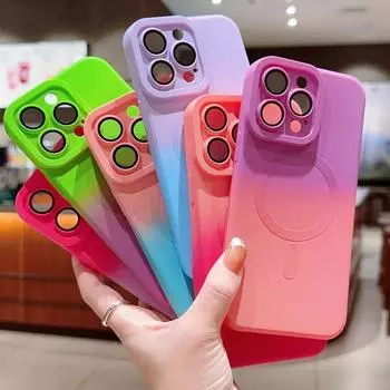 Двойной цветной магнитный чехол для телефона Iphone 15 Pro Max 14 13 12 11 для Magsafe, защитный чехол для объектива, противоударный градиентный тонкий корпус iPhone 15 розовый/синий