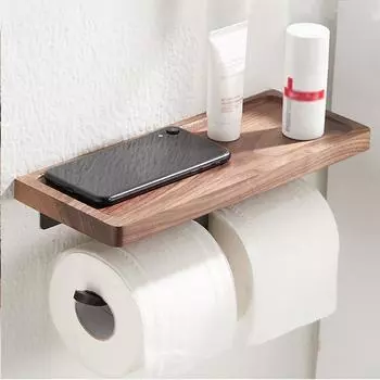 Двойной держатель для бумаги с полкой, черный деревянный настенный держатель для туалетной бумаги, вешалка для полотенец из орехового дерева для ванной комнаты и кухни
