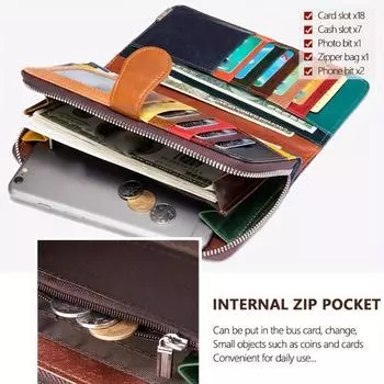 Двойной кошелек из натуральной кожи, винтажный кошелек для монет с цветными блоками, футляр для кредитных карт с нашивкой в стиле ретро