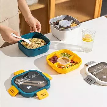 Двойной ланч-бокс Bento с салатницей, пригодной для использования в микроволновой печи, большой емкости, 4 решетки, герметичный контейнер для хранения продуктов, кухонный органайзер белый