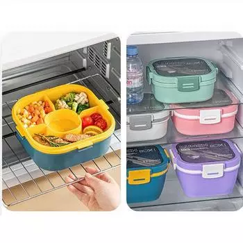 Двойной ланч-бокс Bento с салатницей, пригодной для использования в микроволновой печи, большой емкости, 4 решетки, герметичный контейнер для хранения продуктов, кухонный органайзер белый