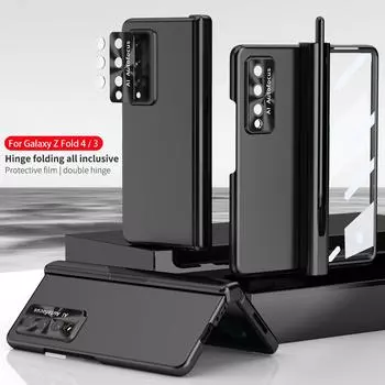 Двойной магнитный шарнир с ручкой для Samsung Galaxy Z Fold 4 3 5g, чехол с шарниром, слот для ручки, стеклянная крышка на переднем экране для Samsung Z Fold4 For Samsung Z Fold 3 синий