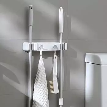 Двойной настенный держатель для швабры, пластиковая вешалка для метлы, многофункциональный зажим для швабры, ванная комната белый