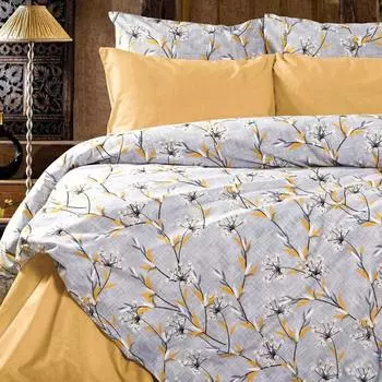 Двойной пододеяльник горчичного цвета с цветочным принтом и эластичными простынями