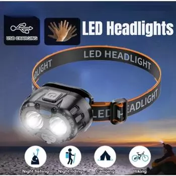 Двойной сердечник лампы nductionМощная светодиодная фара с регулировкой 90° Зарядка через USB Портативный аварийный налобный фонарик с высокой яркостью Датчик движения 1PC with Motion Sensor