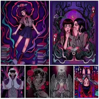 Двойной шепот ведьмы, винтажная настенная живопись маслом, ужас, девушка, темный волшебный мир, художественный постер 21cm30cm NoFrame