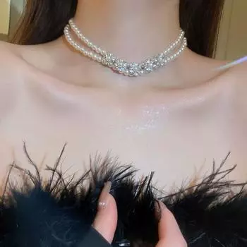 Двойной слой жемчуга ожерелье чокер цветок ювелирные изделия милый кристалл ключица цепочка вечеринка белый