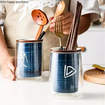 Двойной стеклянный керамический держатель для палочек для еды, кухонная банка для хранения, подставка для слива, органайзер для посуды, ящик для хранения палочек для еды, ящик для столовых приборов