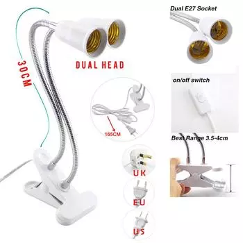 Двойной светодиодный держатель лампы E27, розетка ЕС/США/Великобритании, вилка, гибкий зажим, выключатель, лампа, настольный светильник, светодиодная лампа для выращивания растений EU