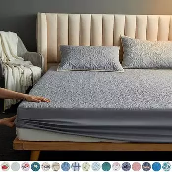 Двойной тканевый водонепроницаемый наматрасник для кровати Водонепроницаемая стеганая защитная накладка для матраса с тиснением Простыня Разделенное водяное постельное белье с резинкой 2pcs Pillowcase