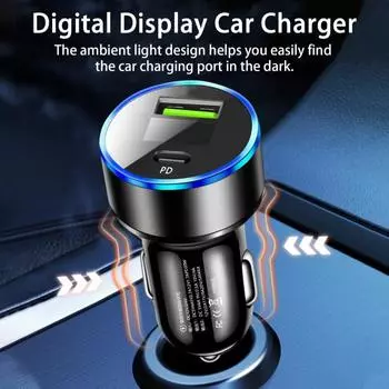 Двойной USB-адаптер для автомобильного зарядного устройства, цифровой дисплей, Plug and Play, 20 Вт, Type-C PD, быстрая зарядка, автомобильное зарядное устройство для телефона, зарядка на ходу серебряный/чёрный