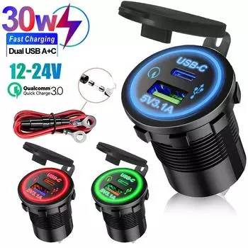 Двойной USB-разъем для быстрой зарядки Type-C USB-C 12 В до 5 В 12-24 В зарядное устройство для автомобиля, мотоцикла, двойной разъем, зарядное устройство, адаптер, розетка