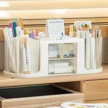 Двойной вращающийся настольный органайзер с 3 ящиками, 2 вращающимися держателями для ручек, 1 верхним ящиком для хранения, большой blue