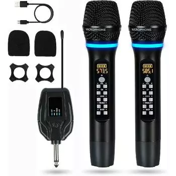 Двойные беспроводные микрофоны, перезаряжаемые, металлическая беспроводная микрофонная система УВЧ, профессиональный беспроводной микрофон с управлением каналом Echo Treble BASS VOL.