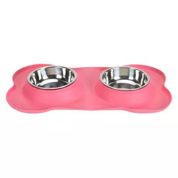 Двойные миски для домашних животных из нержавеющей стали, миски для воды и еды для собак, основание из термопластичной резины, двойные миски для еды для кошек розовый