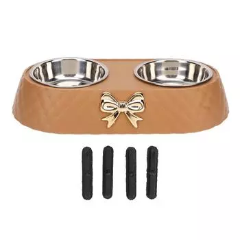 Двойные миски для домашних животных, предотвращающие скольжение, миски для воды из нержавеющей стали для домашних животных с держателем в виде банта кофейный