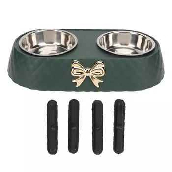 Двойные миски для домашних животных, предотвращающие скольжение, миски для воды из нержавеющей стали для домашних животных с держателем в виде банта лес зеленый