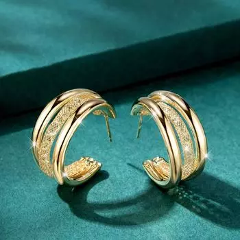 Двойные слои C-образной сетки CZ Crystal Gold Color гладкие металлические серьги-подвески для женщин минимализм гипербола модные украшения для вечеринок