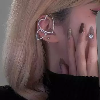 Двойные стразы, полые сердечки, манжеты для ушей, женские блестящие серьги с кристаллами «Любовь», поддельные серьги без пирсинга, ювелирные изделия для ушей, бижутерия серебряный