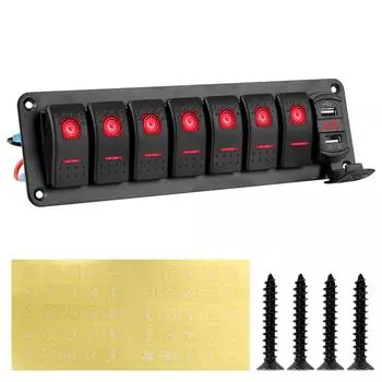 Двойные USB-зарядные устройства, 7-панельный кулисный переключатель, панель автомобильного грузовика, автобуса, автоматический выключатель, цифровой вольтметр красный