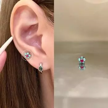 Двойные ушные отверстия! Магазин Ringring Титановая сталь Красивые серьги-пусеты Серьги-цветы Женские серьги Кольца для ушей Серьги Края Ушной хрящ Пусеты Pink green color matching flower 1