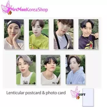 Двояковыпуклая открытка и фотокарточка BTS BE