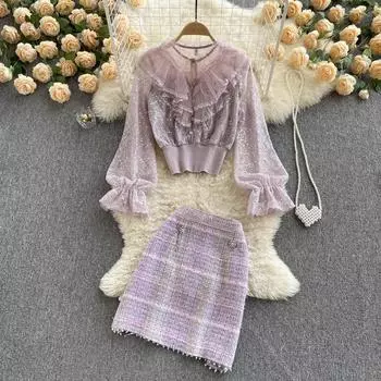 Дворцовый стиль, темпераментный сетчатый топ с вышивкой во французском стиле + юбка-трапеция с тонкой талией и комплект из двух предметов Fried Street