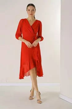 Двубортная юбка с вырезом и оборкой, с поясом, на подкладке, с пышными рукавами, широкое шифоновое платье с интервалом