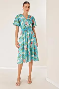 Двубортное атласное платье с цветочным принтом и поясом на талии