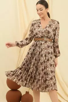 Двубортное атласное платье со складками и поясом на подкладке с рисунком пейсли