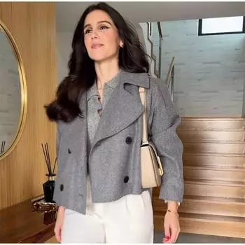 Двубортное однотонное женское шерстяное пальто с лацканами, длинный рукав, свободная женская короткая куртка, осень-зима, повседневная универсальная верхняя одежда S серый