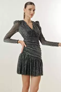 Двубортное платье из тюля с блестками и подкладкой на воротнике