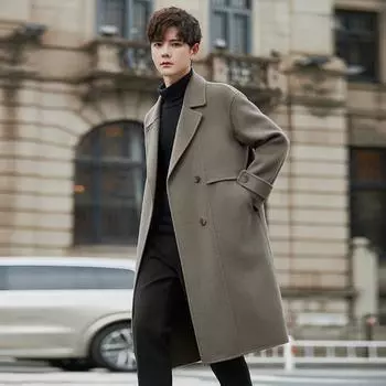 Двубортное шерстяное пальто мужское средней и длинной длины, утолщенное пальто-тренч из низи, двусторонняя куртка без кашемира S