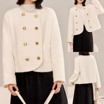 Двубортное шерстяное пальто в стиле ретро для женщин, зимний темперамент, вязаный кардиган One Size белый