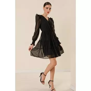 Двубортное шифоновое платье с воротником на подкладке и рукавами с оборками