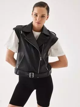 Двубортный черный кожаный жилет с эполетами