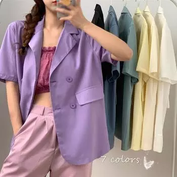 Двубортный пиджак с коротким рукавом, летний шикарный простой женский офисный свободный фиолетовый пиджак L