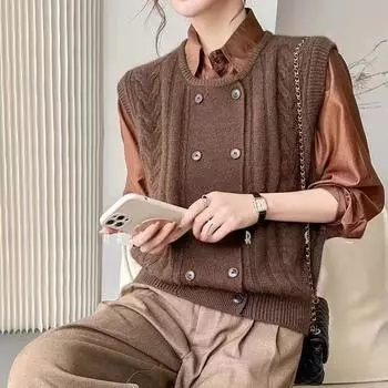 Двубортный трикотажный жилет для женщин на весну и осень, накладной с поясом, круглый вырез, кардиган, свитер, жилет из жареного теста S