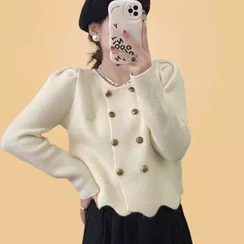 Двубортный узор с волнистым краем для осенне-зимнего трикотажа, темпераментный кардиган, трикотажный жакет для женщин one size белый