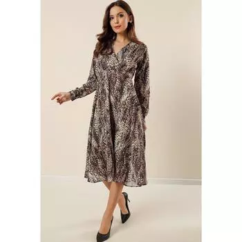 Двубортный воротник и юбка на пуговицах Расклешенное атласное платье с комбинированным рисунком