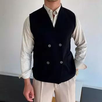 Двубортный жилет мужской жилет без рукавов с V-образным вырезом вязаная одежда осень и зима универсальный шерстяной жилет куртка M хаки