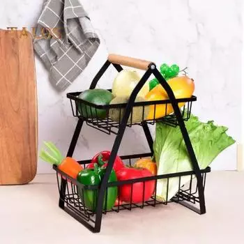 Двухъярусная корзина для фруктов, съемный металлический держатель для фруктов, вентилируемая конструкция, переносная деревянная ручка, большая вместительная подставка для хранения, органайзер для хлеба и закусок чёрный