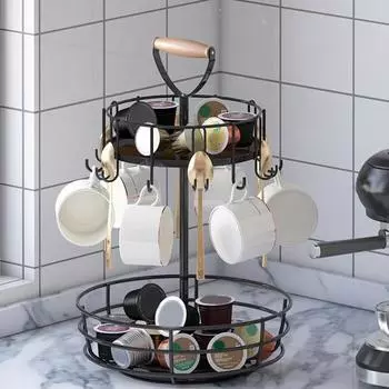 Двухъярусная полка для хранения, держатель для кофейных чашек, вращающаяся конструкция, большая вместимость, органайзер для кухонной столешницы с B