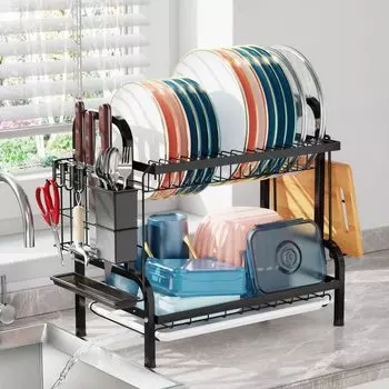 Двухъярусная сушилка для посуды для кухонной стойки, сушилки для посуды с крылом для кухонной столешницы, металлическая сушилка для посуды с держателями для столовых приборов чёрный