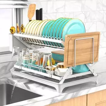 Двухъярусная сушилка для посуды на кухонной стойке, складная полка для посуды, органайзер для стаканов с выдвижным сливом на 360°